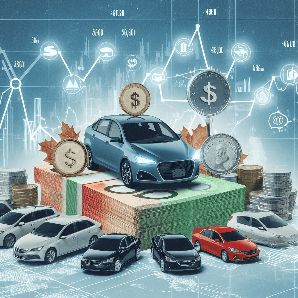Illustration of cars on stacks of cash and coins, in front of financial charts and maple leaves