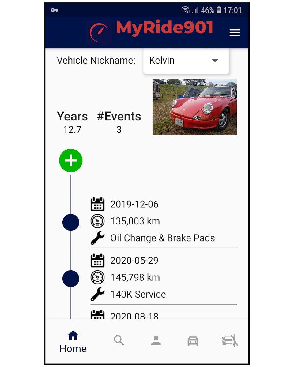 MyRide901 app timeline for the car “Kelvin”: oil change and brake pads, then a 140K service
