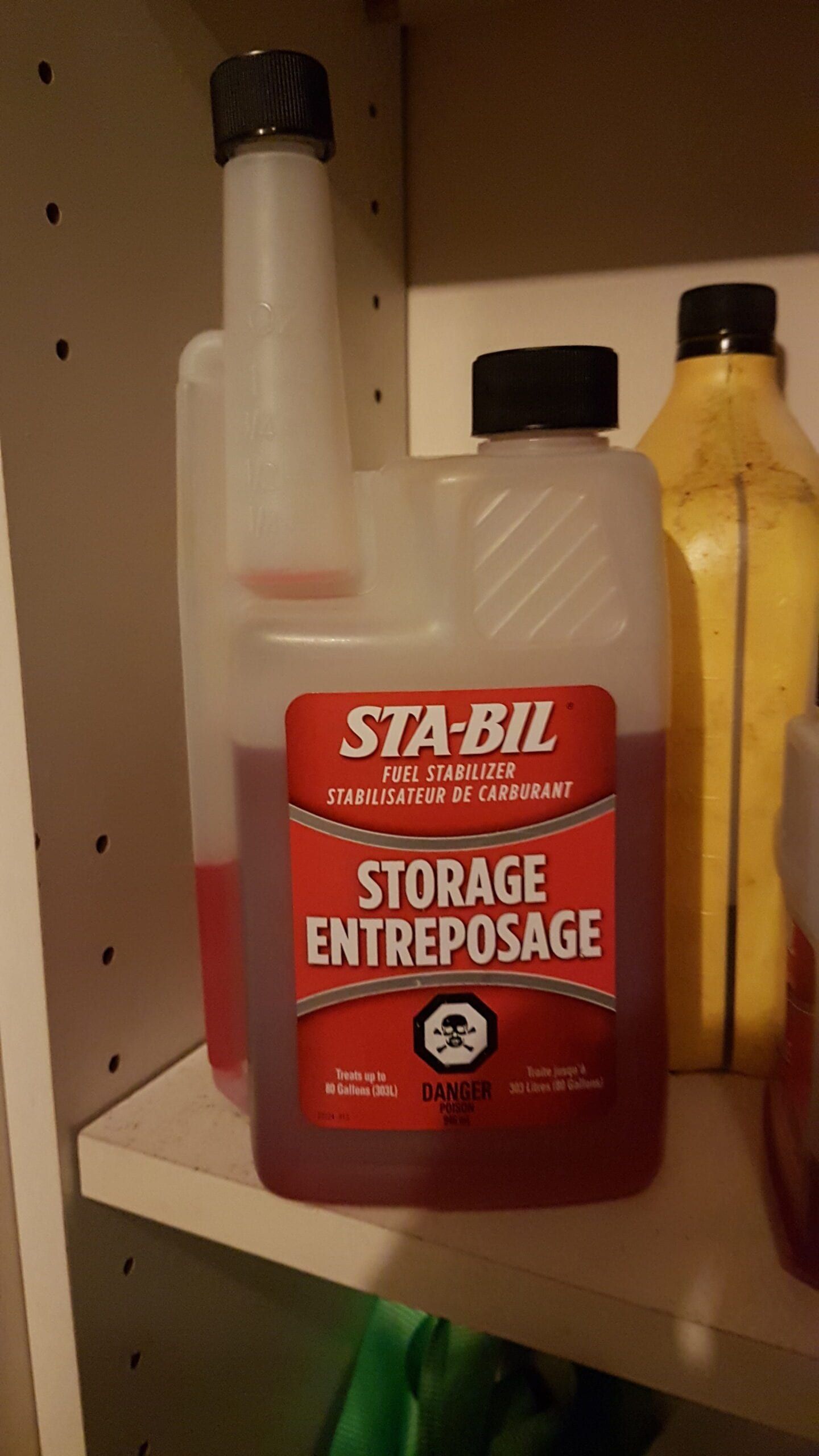 Bottle of STA-BIL Storage fuel stabilizer on a shelf