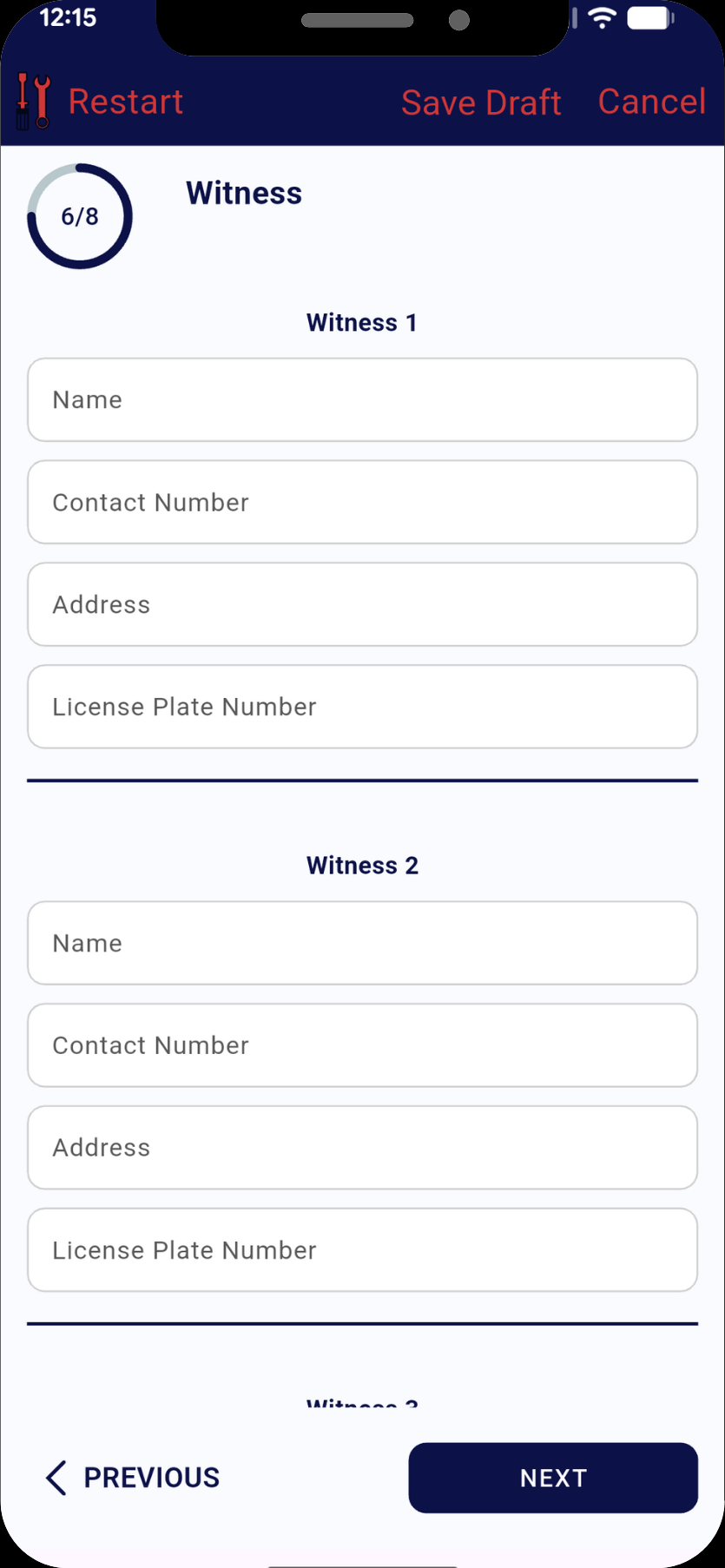 Step 6 of 8 of the MyRide901 accident form: name, contact number, address and licence plate fields for Witness 1 and Witness 2, with Witness 3 below.