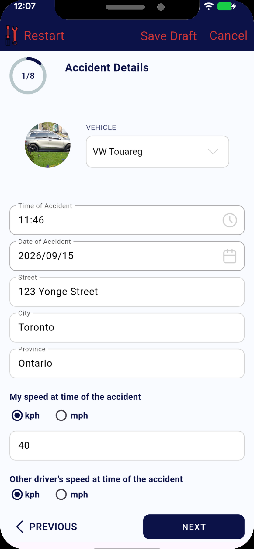 Step 1 of 8 of the MyRide901 accident form: a VW Touareg, the time and date of the accident, a street address in Toronto, Ontario, and a speed of 40 kph.