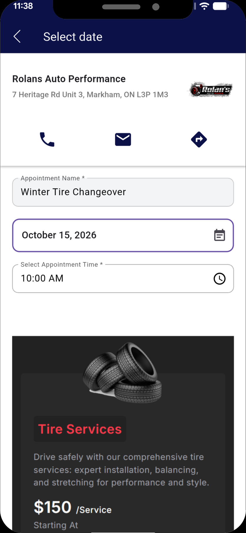The MyRide901 appointment screen for Rolans Auto Performance in Markham: a Winter Tire Changeover booked for October 15, 2026 at 10:00 AM, above the shop’s tire service listing.