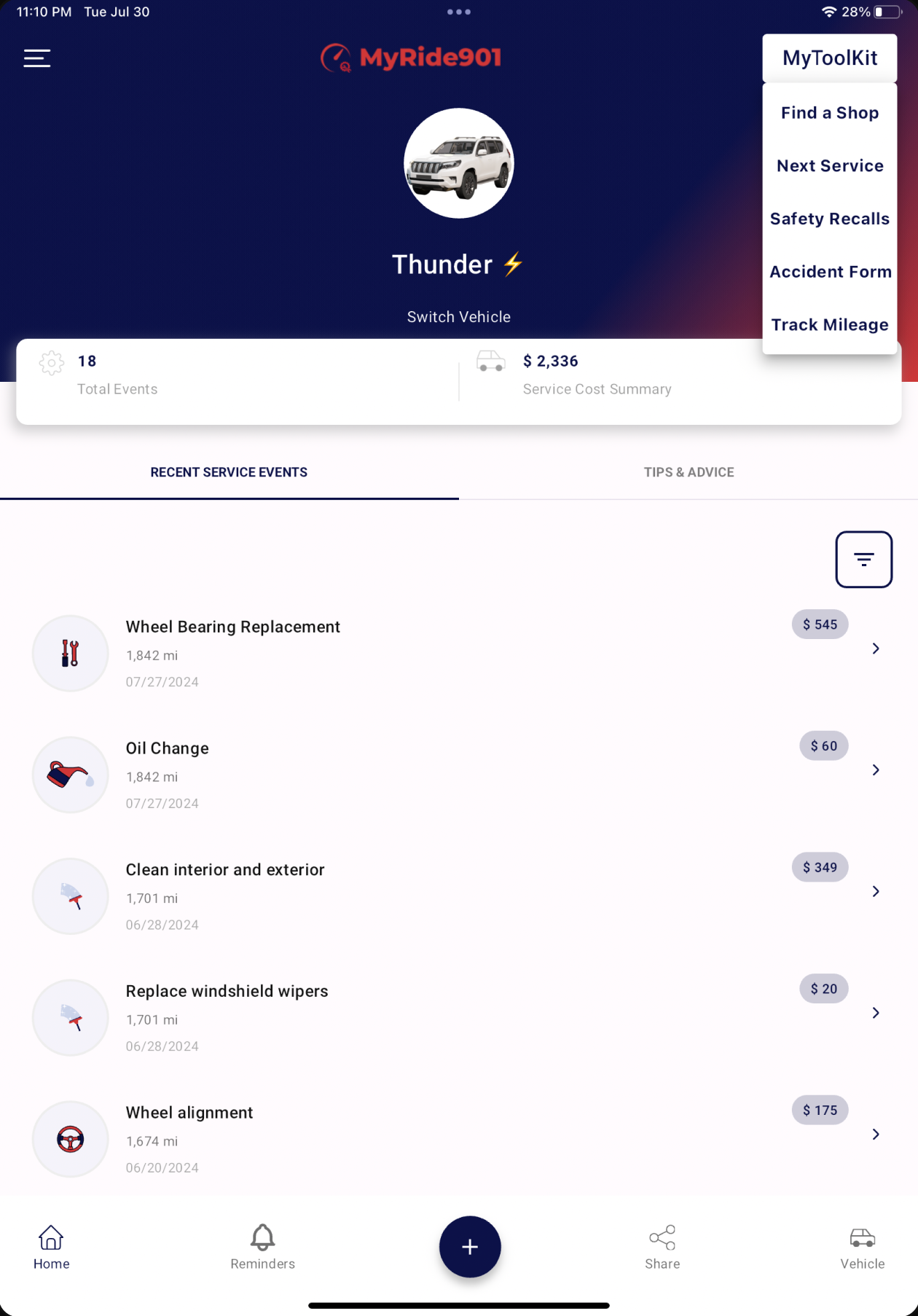 The MyRide901 home screen for a vehicle named Thunder: 18 service events, a $2,336 Service Cost Summary, recent service events, and the MyToolKit menu.