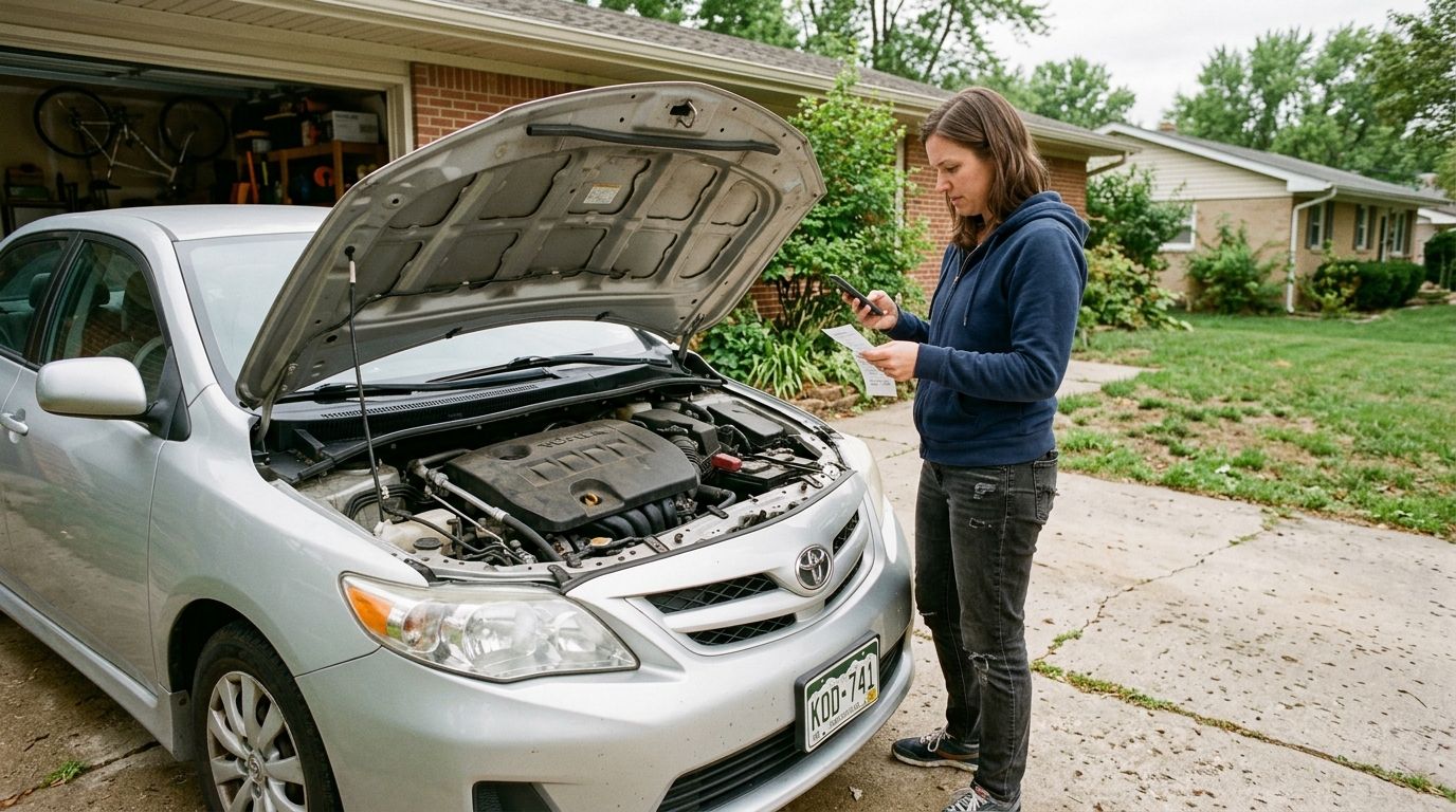 Car owner checking service documents by an everyday car