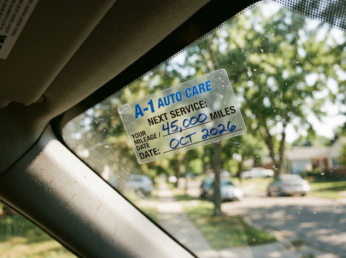 Oil change reminder cling sticker on car windshield showing mileage interval