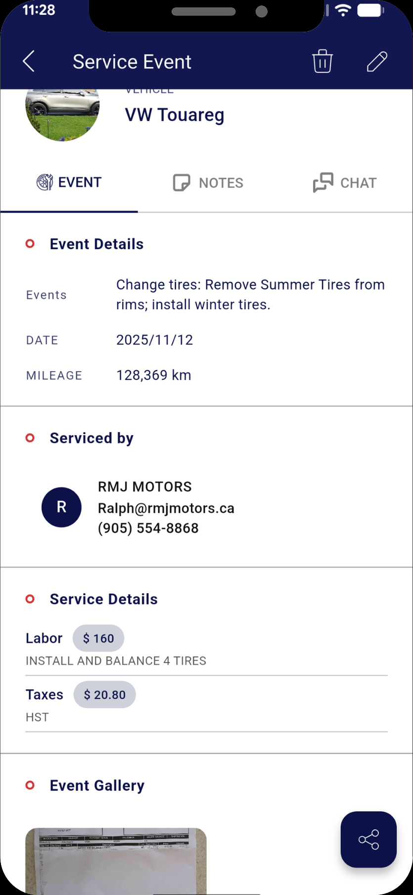A MyRide901 service event for a VW Touareg: a winter tire changeover on 2025/11/12 at 128,369 km, serviced by RMJ Motors, with $160 of labour and $20.80 of tax.