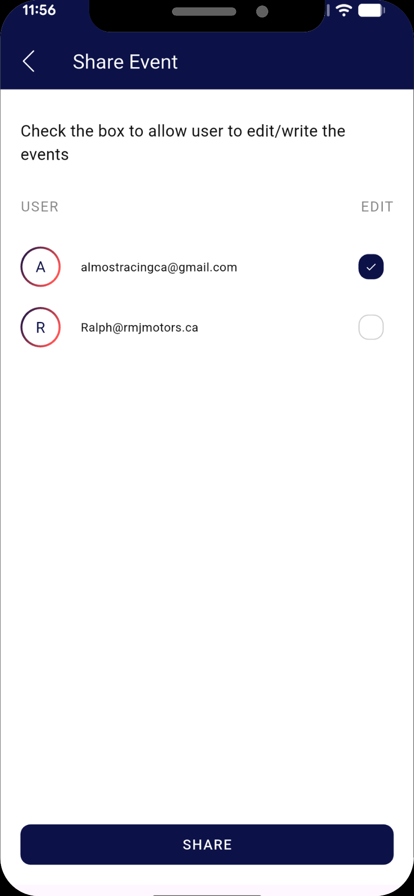 The MyRide901 Share Event screen listing two people, each with an Edit checkbox — one ticked, one empty — above a Share button.
