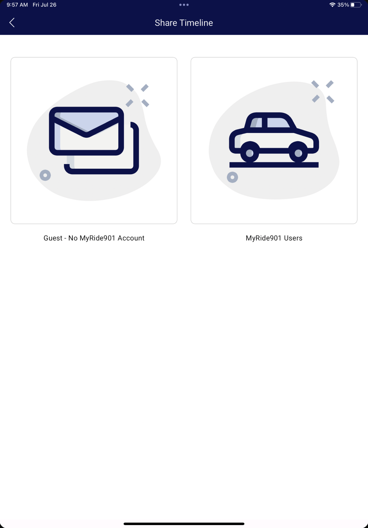 The MyRide901 Share Timeline screen, with two choices: a guest with no MyRide901 account, or MyRide901 users.