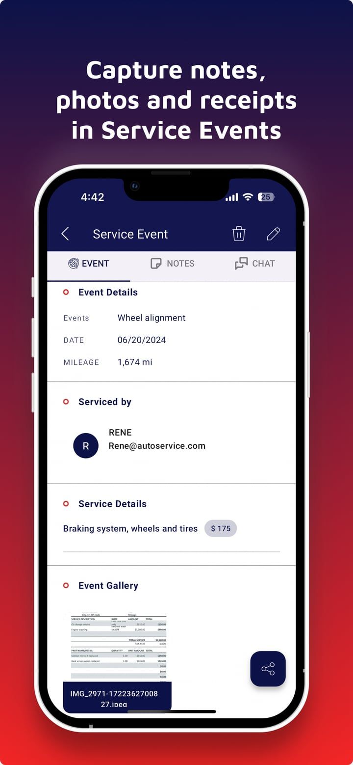 App Store artwork: “Capture notes, photos and receipts in Service Events”, over a service event.