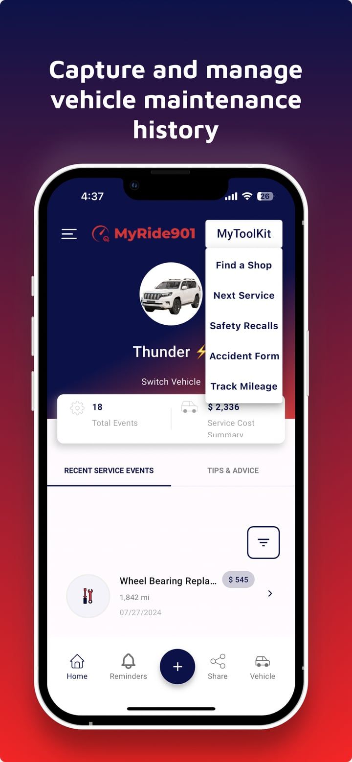 App Store artwork: “Capture and manage vehicle maintenance history”, over the MyRide901 home screen.