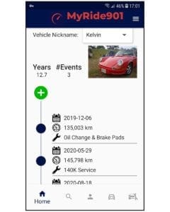 MyRide901 app timeline for the car “Kelvin”: oil change and brake pads, then a 140K service