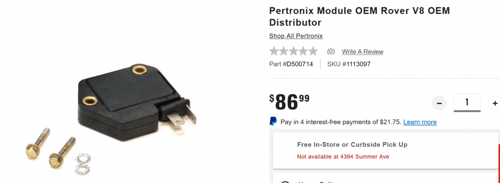 Online store listing for a Pertronix ignition module for Rover V8 distributors, at $86.99