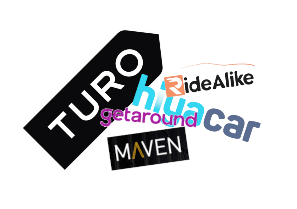 Logos of car-sharing platforms Turo, Getaround, HiyaCar, RideAlike and Maven