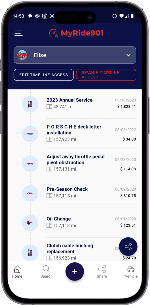 MyRide901 on a phone: a vehicle’s service timeline with dates, mileage and costs