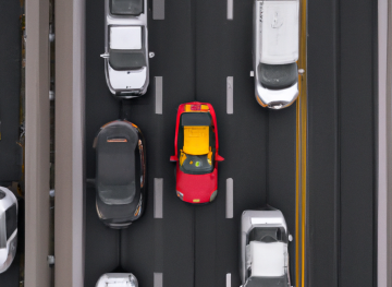 A brightly colored small car (like yellow or red) in traffic