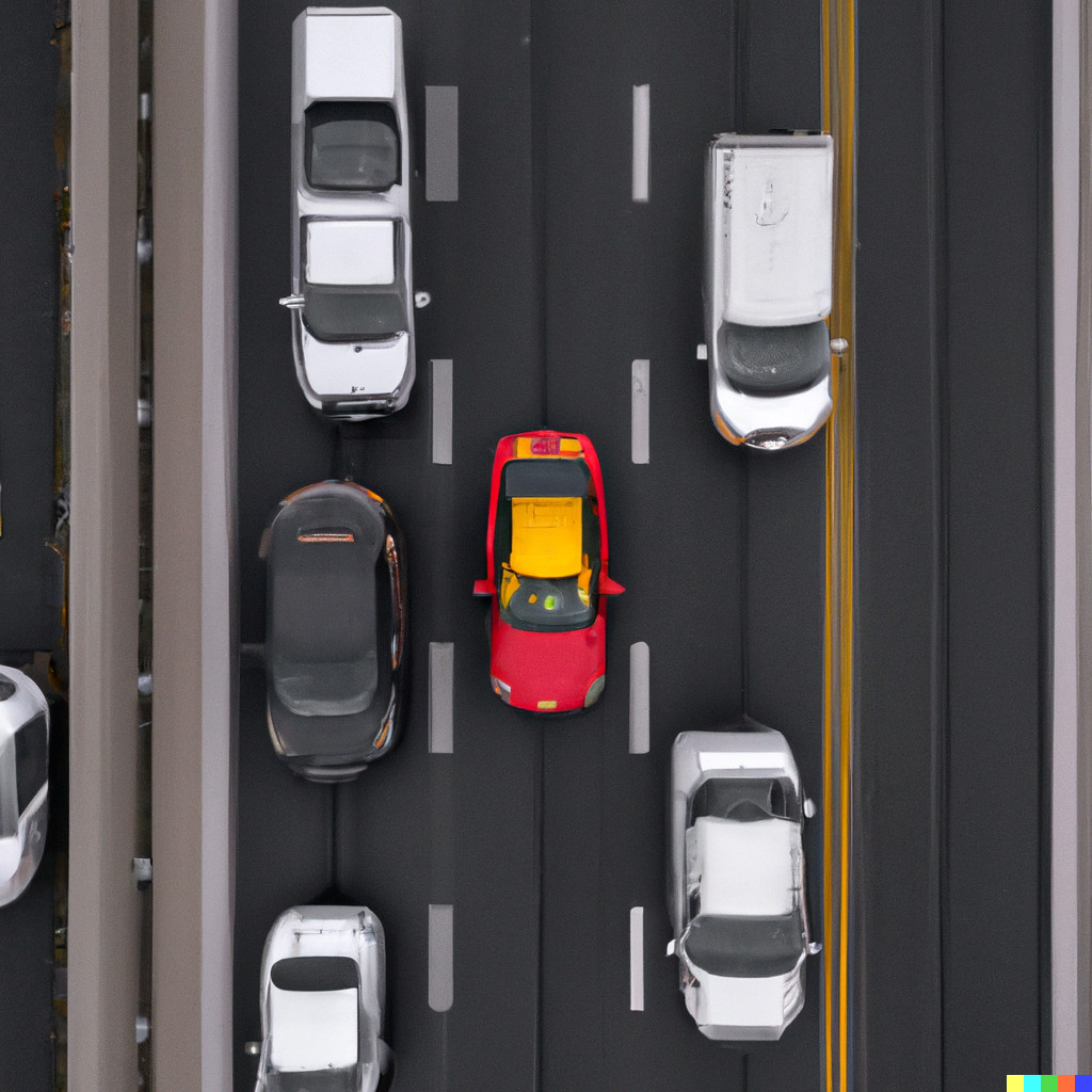 A brightly colored small car (like yellow or red) in traffic