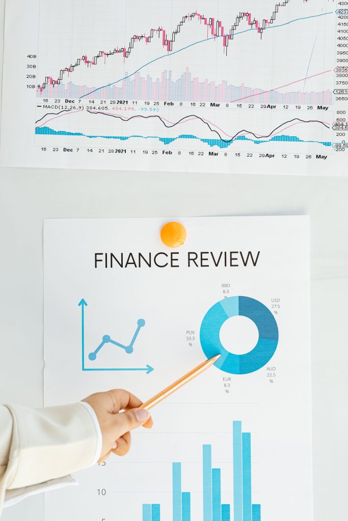 a hand holding a pencil to point at several financial graphs pinned to a wall