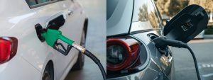 Side-by-side images of a car being filled with gas and an EV being charged with a charger.