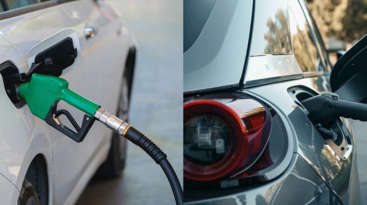 Side-by-side images of a car being filled with gas and an EV being charged with a charger.