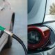 Side-by-side images of a car being filled with gas and an EV being charged with a charger.