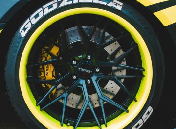 Closeup of a custom wheel on a tuner car.
