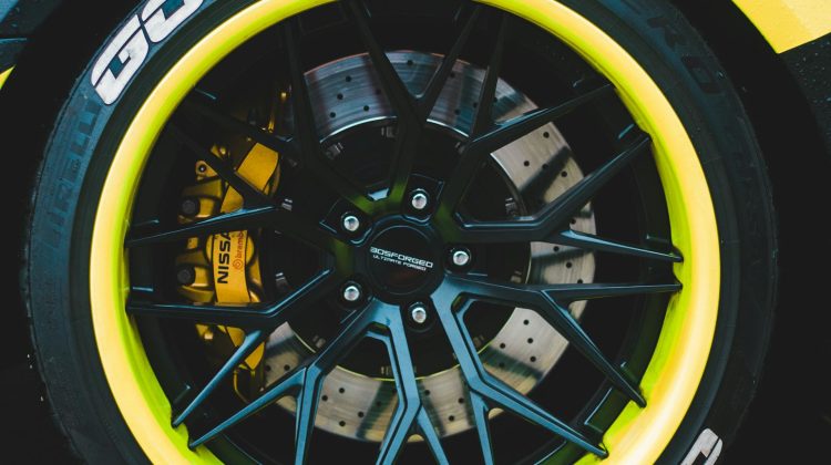 Closeup of a custom wheel on a tuner car.